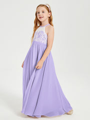 Robes de Demoiselle d'Honneur Longues en Mousseline avec Haut en Dentelle Lilas