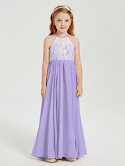 Robes de Demoiselle d'Honneur Longues en Mousseline avec Haut en Dentelle Lilas
