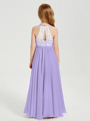 Robes de Demoiselle d'Honneur Longues en Mousseline avec Haut en Dentelle Lilas