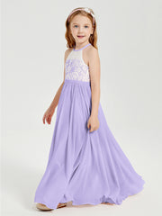 Robes de Demoiselle d'Honneur Longues en Mousseline avec Haut en Dentelle Lilas