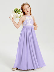 Robes de Demoiselle d'Honneur Longues en Mousseline avec Haut en Dentelle Lilas