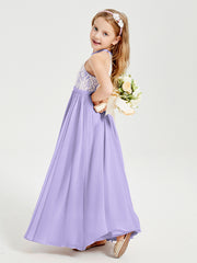 Robes de Demoiselle d'Honneur Longues en Mousseline avec Haut en Dentelle Lilas