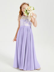 Robes de Demoiselle d'Honneur Longues en Mousseline avec Haut en Dentelle Lilas