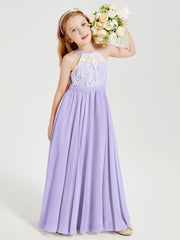 Robes de Demoiselle d'Honneur Longues en Mousseline avec Haut en Dentelle Lilas