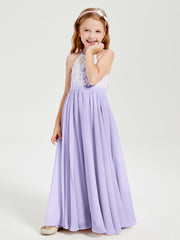 Robes de Demoiselle d'Honneur Longues en Mousseline avec Haut en Dentelle Lilas