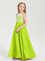 Robes de Demoiselle d'Honneur Longues en Mousseline avec Haut en Dentelle Vert Citron
