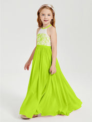 Robes de Demoiselle d'Honneur Longues en Mousseline avec Haut en Dentelle Vert Citron