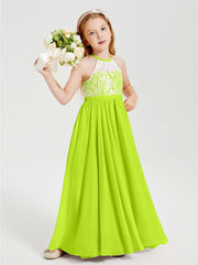 Robes de Demoiselle d'Honneur Longues en Mousseline avec Haut en Dentelle Vert Citron