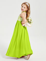 Robes de Demoiselle d'Honneur Longues en Mousseline avec Haut en Dentelle Vert Citron