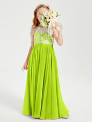 Robes de Demoiselle d'Honneur Longues en Mousseline avec Haut en Dentelle Vert Citron