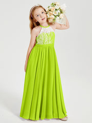 Robes de Demoiselle d'Honneur Longues en Mousseline avec Haut en Dentelle Vert Citron