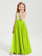 Robes de Demoiselle d'Honneur Longues en Mousseline avec Haut en Dentelle Vert Citron