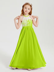 Robes de Demoiselle d'Honneur Longues en Mousseline avec Haut en Dentelle Vert Citron