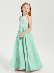 Robes de Demoiselle d'Honneur Longues en Mousseline avec Haut en Dentelle Vert Menthe