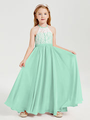Robes de Demoiselle d'Honneur Longues en Mousseline avec Haut en Dentelle Vert Menthe