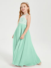 Robes de Demoiselle d'Honneur Longues en Mousseline avec Haut en Dentelle Vert Menthe