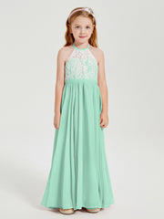 Robes de Demoiselle d'Honneur Longues en Mousseline avec Haut en Dentelle Vert Menthe