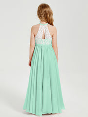 Robes de Demoiselle d'Honneur Longues en Mousseline avec Haut en Dentelle Vert Menthe