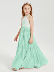 Robes de Demoiselle d'Honneur Longues en Mousseline avec Haut en Dentelle Vert Menthe