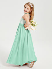Robes de Demoiselle d'Honneur Longues en Mousseline avec Haut en Dentelle Vert Menthe