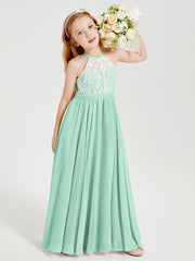 Robes de Demoiselle d'Honneur Longues en Mousseline avec Haut en Dentelle Vert Menthe