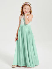Robes de Demoiselle d'Honneur Longues en Mousseline avec Haut en Dentelle Vert Menthe
