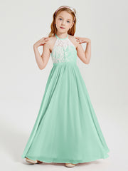 Robes de Demoiselle d'Honneur Longues en Mousseline avec Haut en Dentelle Vert Menthe