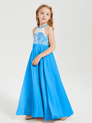Robes de Demoiselle d'Honneur Longues en Mousseline avec Haut en Dentelle Bleu Océan