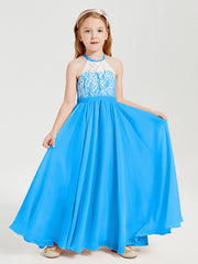 Robes de Demoiselle d'Honneur Longues en Mousseline avec Haut en Dentelle Bleu Océan