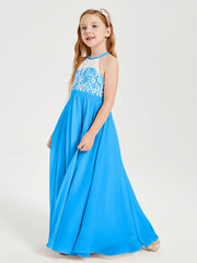 Robes de Demoiselle d'Honneur Longues en Mousseline avec Haut en Dentelle Bleu Océan