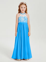 Robes de Demoiselle d'Honneur Longues en Mousseline avec Haut en Dentelle Bleu Océan