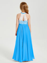 Robes de Demoiselle d'Honneur Longues en Mousseline avec Haut en Dentelle Bleu Océan