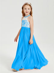 Robes de Demoiselle d'Honneur Longues en Mousseline avec Haut en Dentelle Bleu Océan