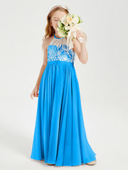 Robes de Demoiselle d'Honneur Longues en Mousseline avec Haut en Dentelle Bleu Océan