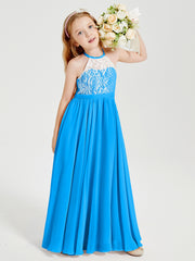 Robes de Demoiselle d'Honneur Longues en Mousseline avec Haut en Dentelle Bleu Océan