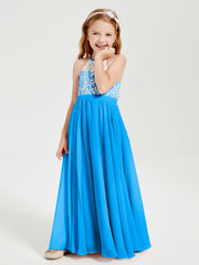 Robes de Demoiselle d'Honneur Longues en Mousseline avec Haut en Dentelle Bleu Océan