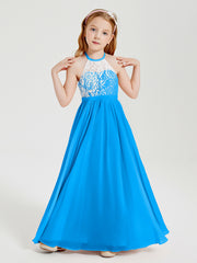 Robes de Demoiselle d'Honneur Longues en Mousseline avec Haut en Dentelle Bleu Océan