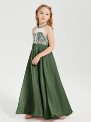 Robes de Demoiselle d'Honneur Longues en Mousseline avec Haut en Dentelle Olive Verte