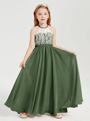 Robes de Demoiselle d'Honneur Longues en Mousseline avec Haut en Dentelle Olive Verte