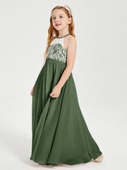 Robes de Demoiselle d'Honneur Longues en Mousseline avec Haut en Dentelle Olive Verte