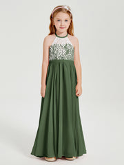 Robes de Demoiselle d'Honneur Longues en Mousseline avec Haut en Dentelle Olive Verte