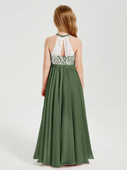 Robes de Demoiselle d'Honneur Longues en Mousseline avec Haut en Dentelle Olive Verte
