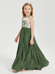 Robes de Demoiselle d'Honneur Longues en Mousseline avec Haut en Dentelle Olive Verte