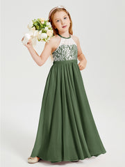 Robes de Demoiselle d'Honneur Longues en Mousseline avec Haut en Dentelle Olive Verte