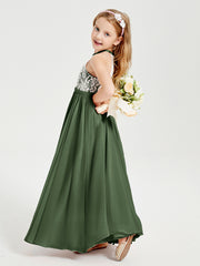 Robes de Demoiselle d'Honneur Longues en Mousseline avec Haut en Dentelle Olive Verte