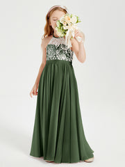 Robes de Demoiselle d'Honneur Longues en Mousseline avec Haut en Dentelle Olive Verte