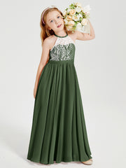 Robes de Demoiselle d'Honneur Longues en Mousseline avec Haut en Dentelle Olive Verte