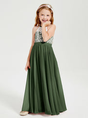 Robes de Demoiselle d'Honneur Longues en Mousseline avec Haut en Dentelle Olive Verte