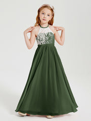 Robes de Demoiselle d'Honneur Longues en Mousseline avec Haut en Dentelle Olive Verte
