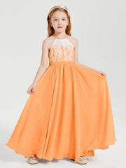 Robes de Demoiselle d'Honneur Longues en Mousseline avec Haut en Dentelle Orange